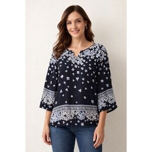Bob Mackie Women's Navy Floral 3/4 Sleeve Top Blouse Wearable Art Artsy Resort